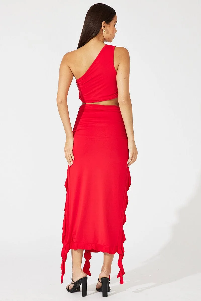 Red Ruffle Maxi Skirt Feminine Charm Elasticized Cuff
