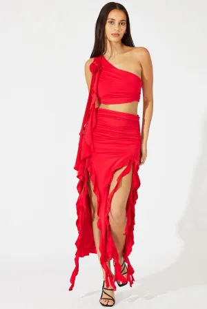 Red Ruffle Maxi Skirt Mini length City Mood
