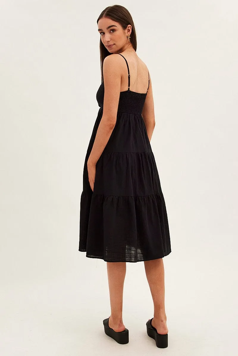 Drizzle Sky Black Midi Dress Sleeveless Ruched Tiered