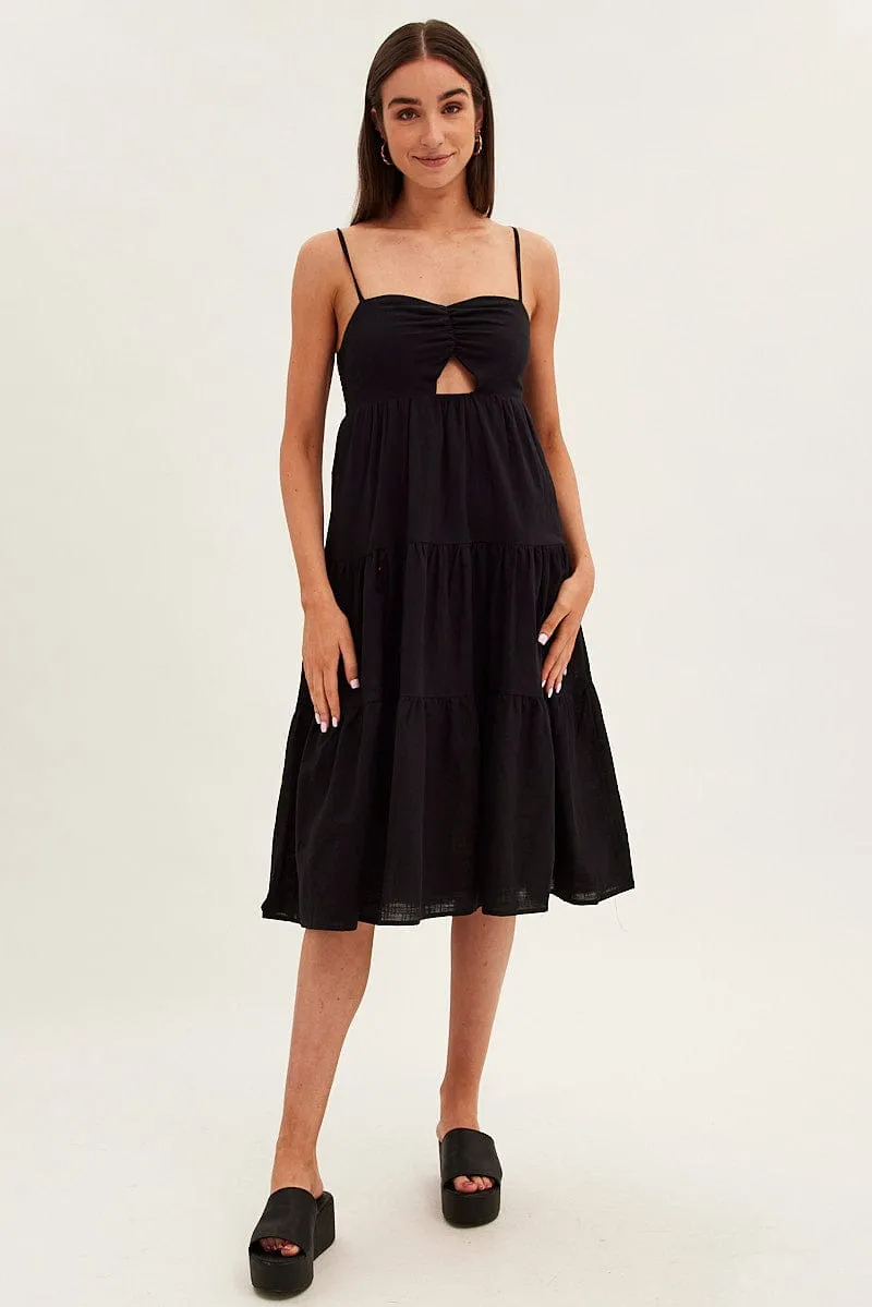 Black Midi Dress Sleeveless Ruched Tiered Trendy Pieces Sand Step