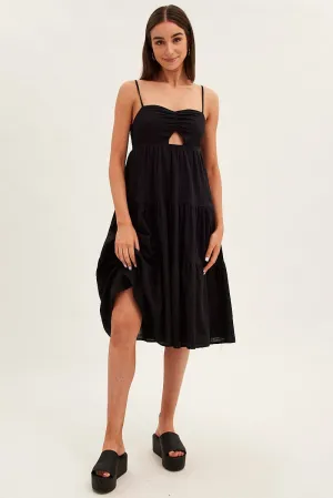 Flattering Outfit Meadow Bloom Black Midi Dress Sleeveless Ruched Tiered