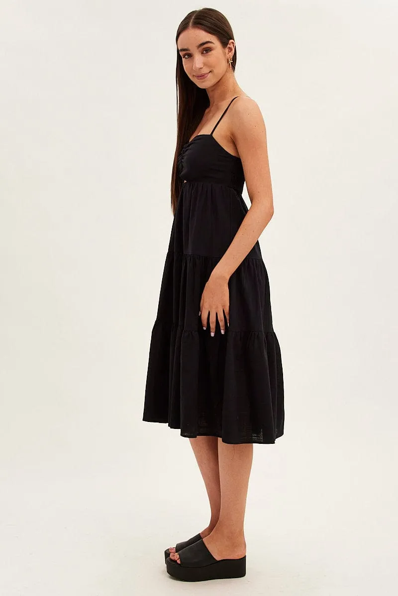 Chic Fit Black Midi Dress Sleeveless Ruched Tiered