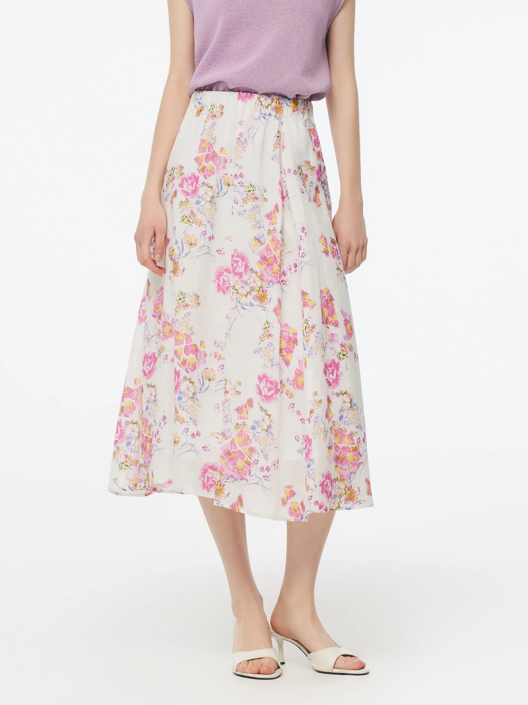100% Linen Rose Print Women A-Line Skirt Sharp Look