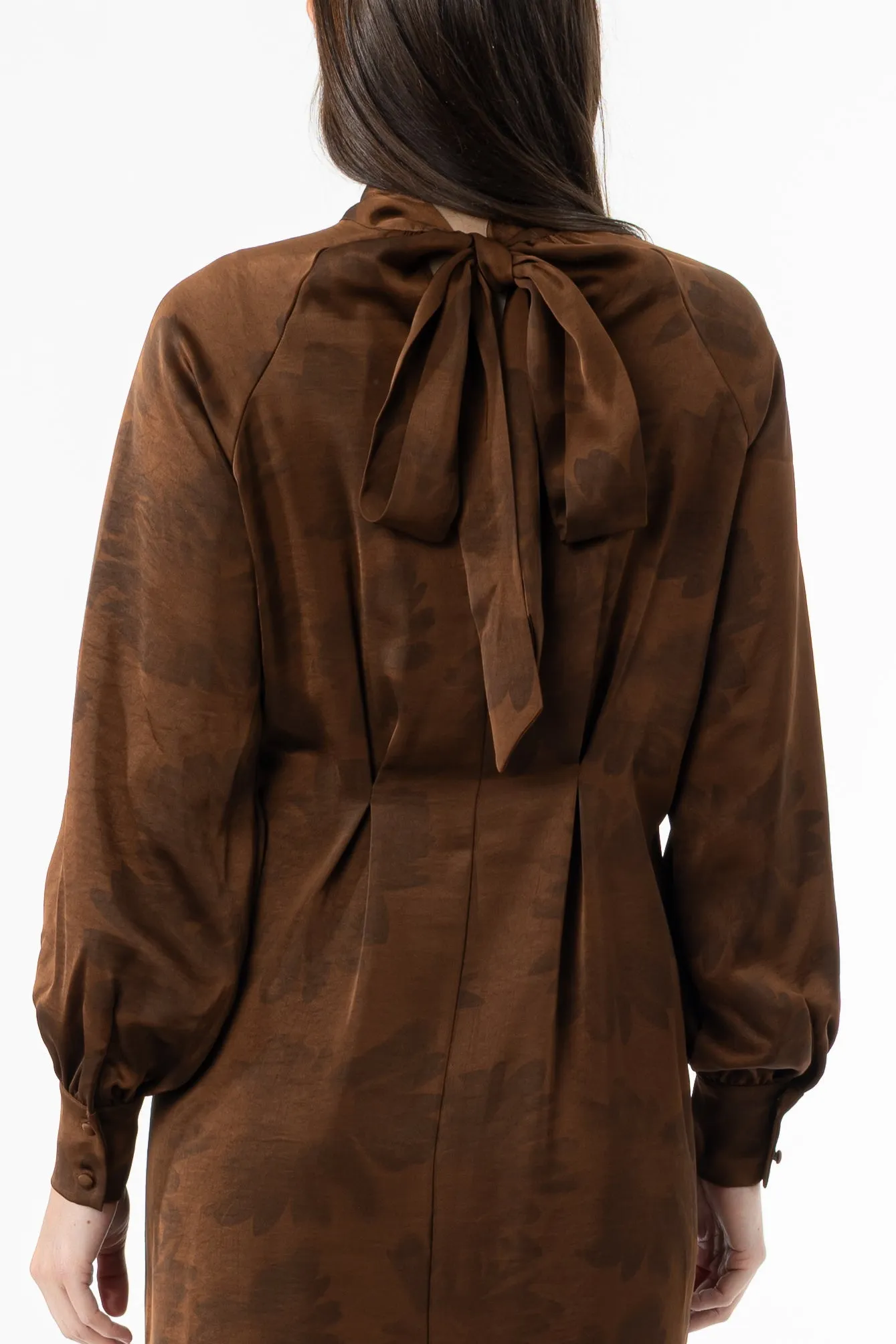 Brown Floral Printed Tie Neck Dress Comfortable Jacket