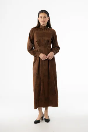 Outdoor Activity Brown Floral Printed Tie Neck Dress