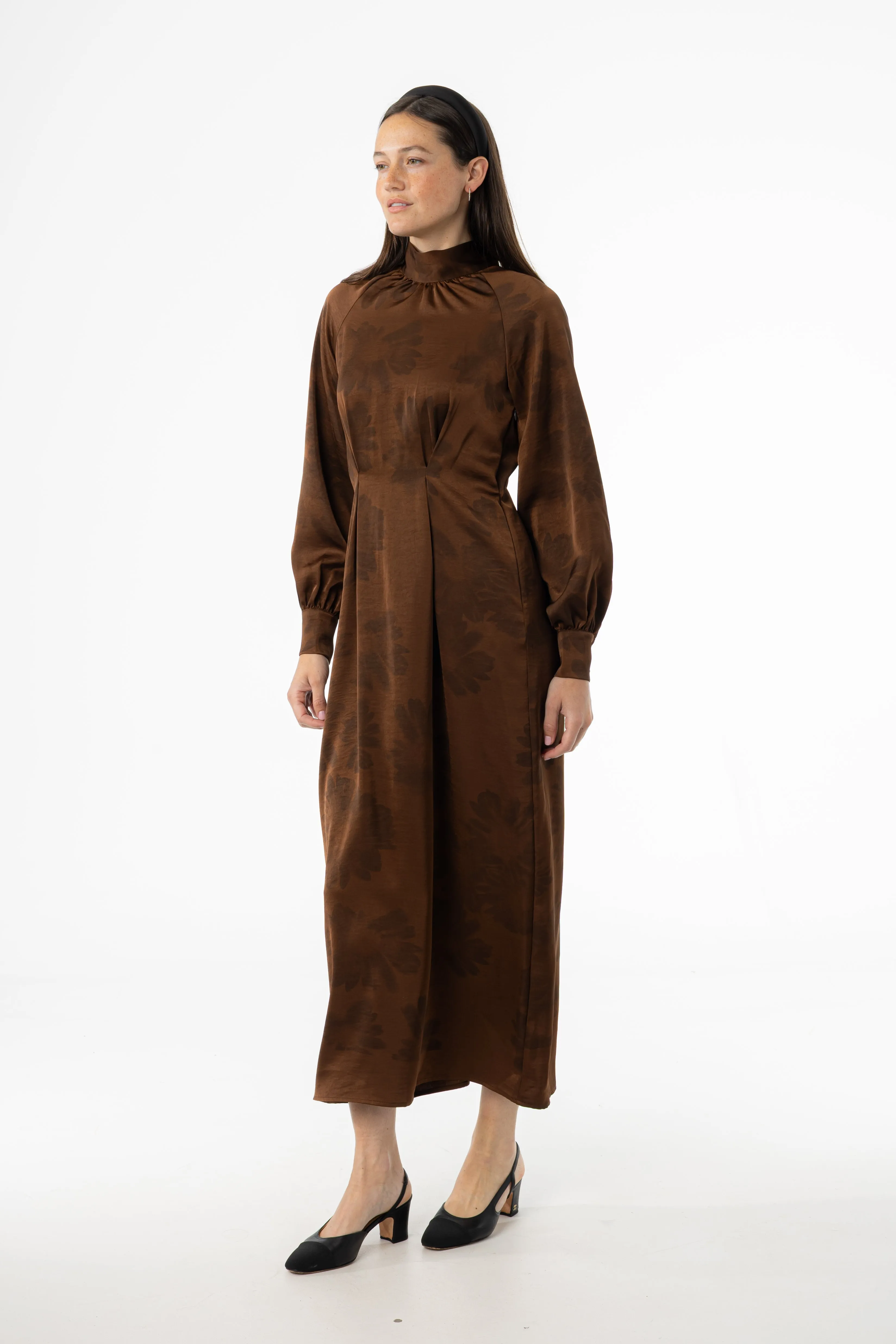 Brown Floral Printed Tie Neck Dress Outdoor Fashion