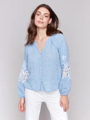 Cotton-Linen Button-Front Blouse with Embroidery - Chambray Cozy clothing Focus Mood