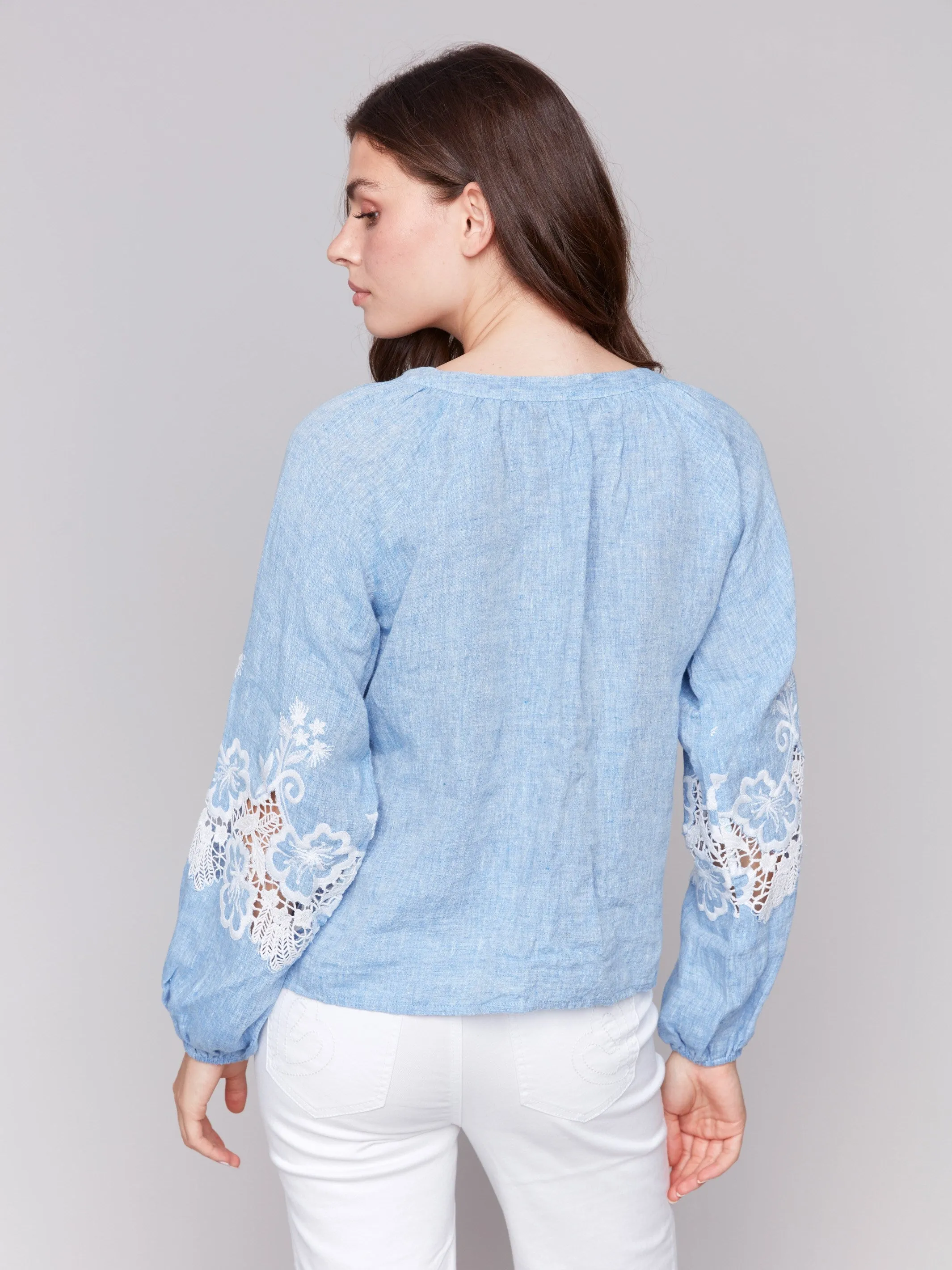 Modern Outfit Cotton-Linen Button-Front Blouse with Embroidery - Chambray