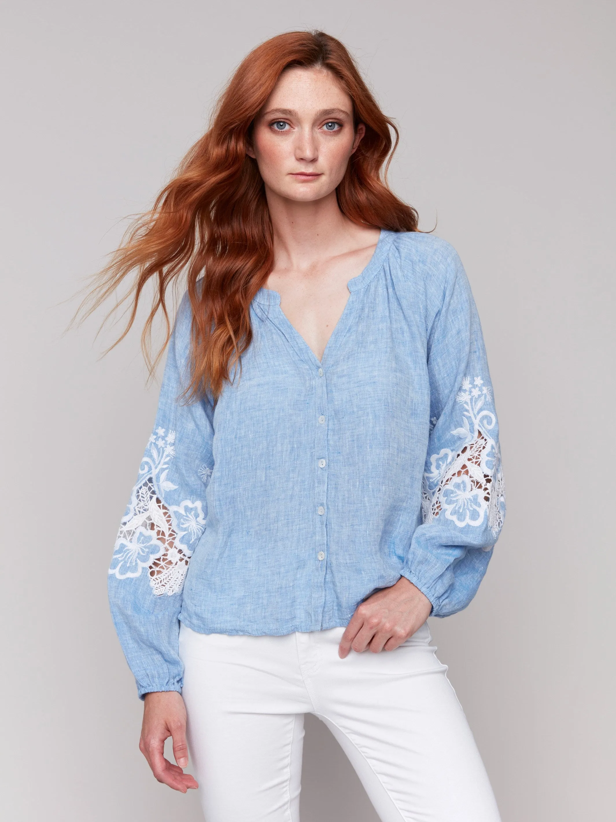 Fresh Glow Daily Style Cotton-Linen Button-Front Blouse with Embroidery - Chambray