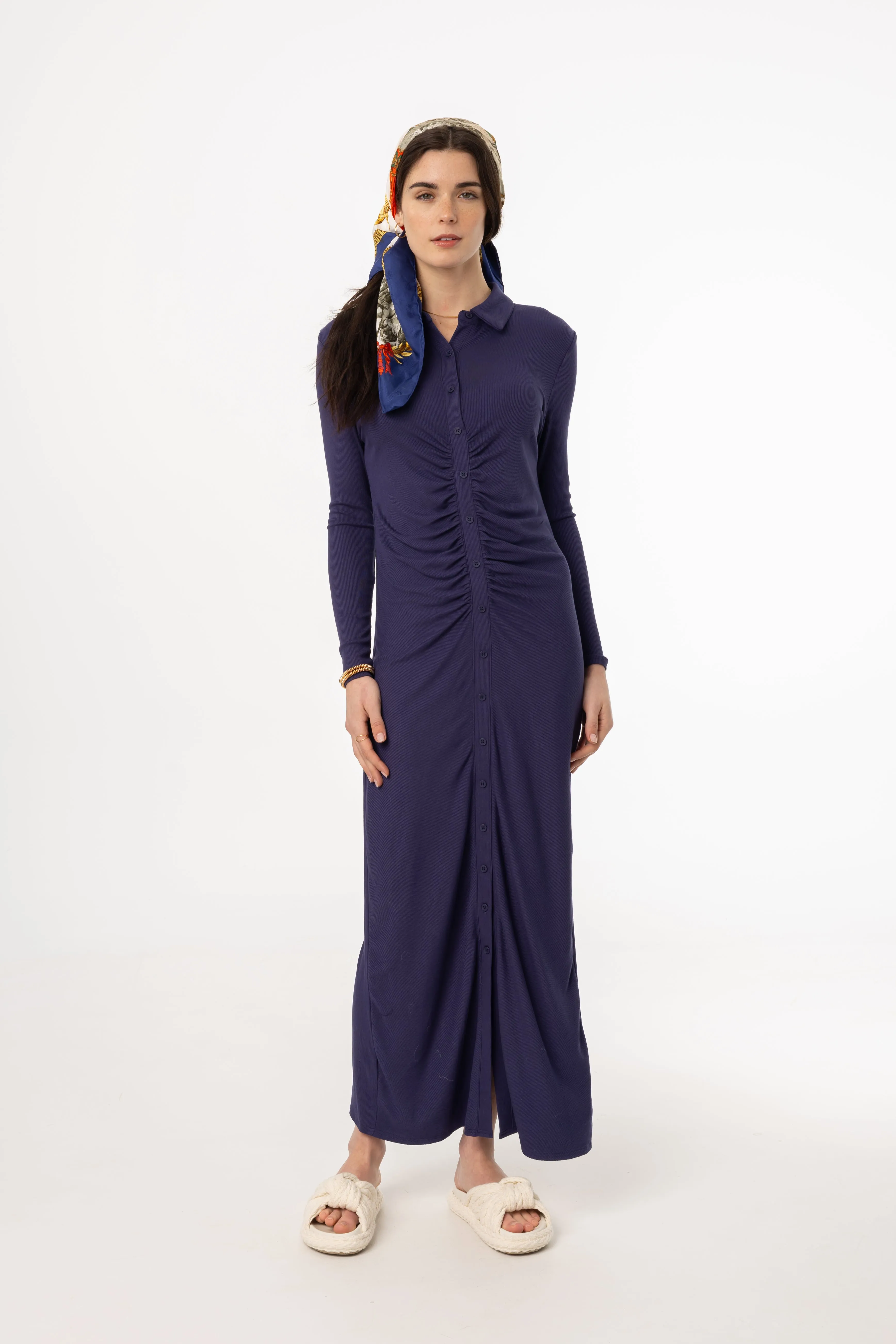 Stylish Fashion Navy Ruched Cardi Maxi Dress