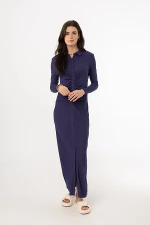 Sleek Style Navy Ruched Cardi Maxi Dress