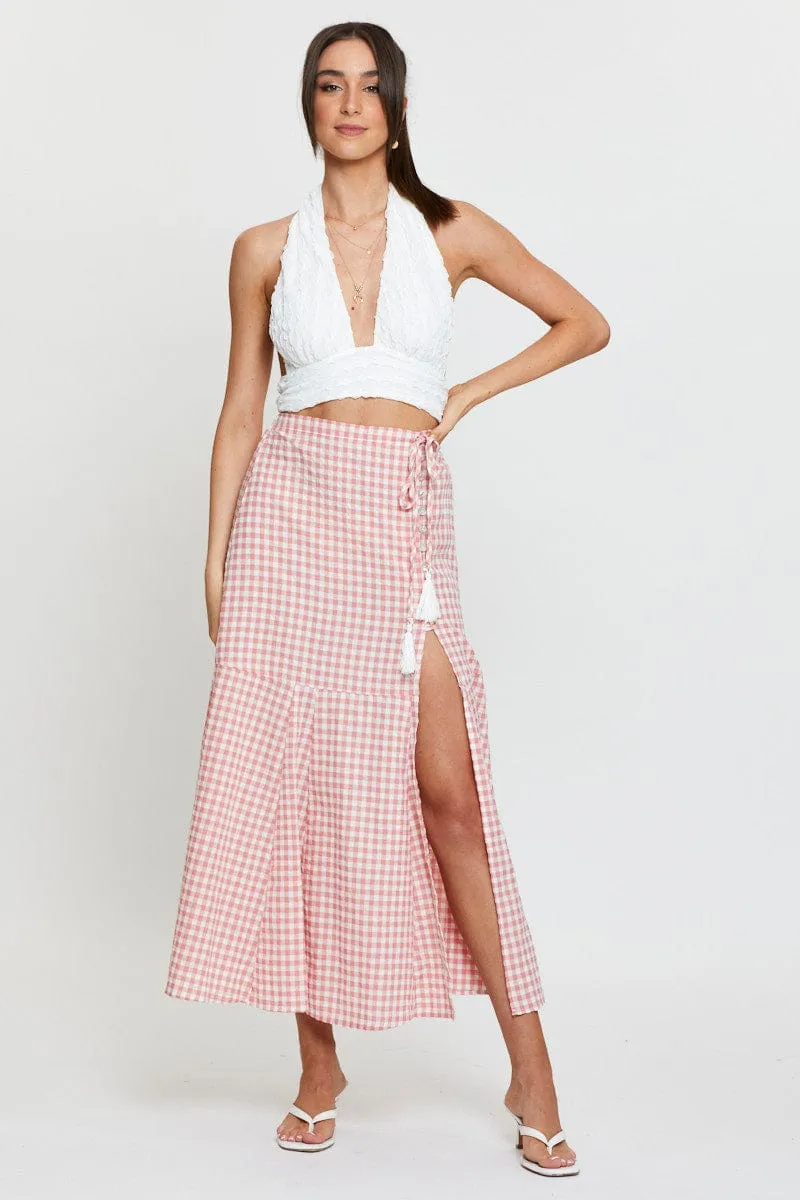 Check Maxi Skirt High Waist Front Split Easy Layers Adjustable drawstring