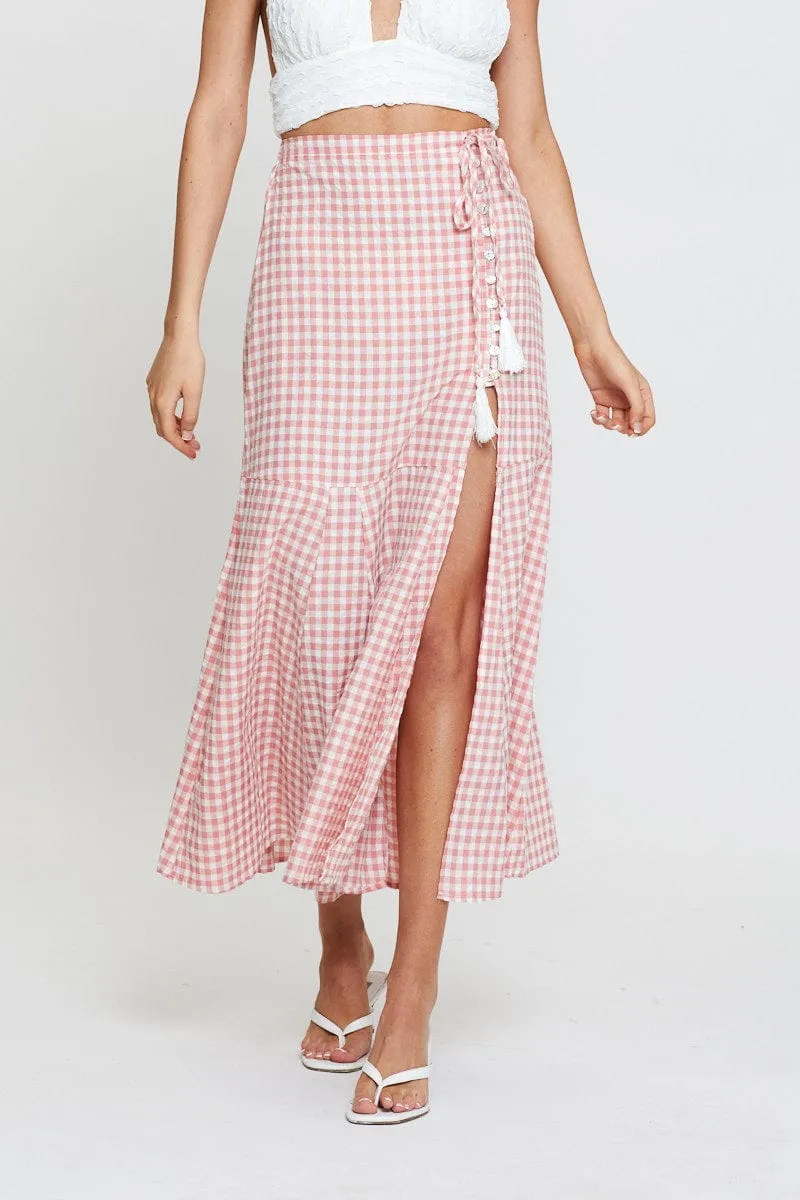 Check Maxi Skirt High Waist Front Split Daily Style
