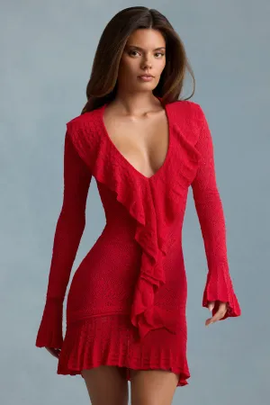Ruffle-Trim Pointelle-Knit Mini Dress in Scarlet Red Fun Pop
