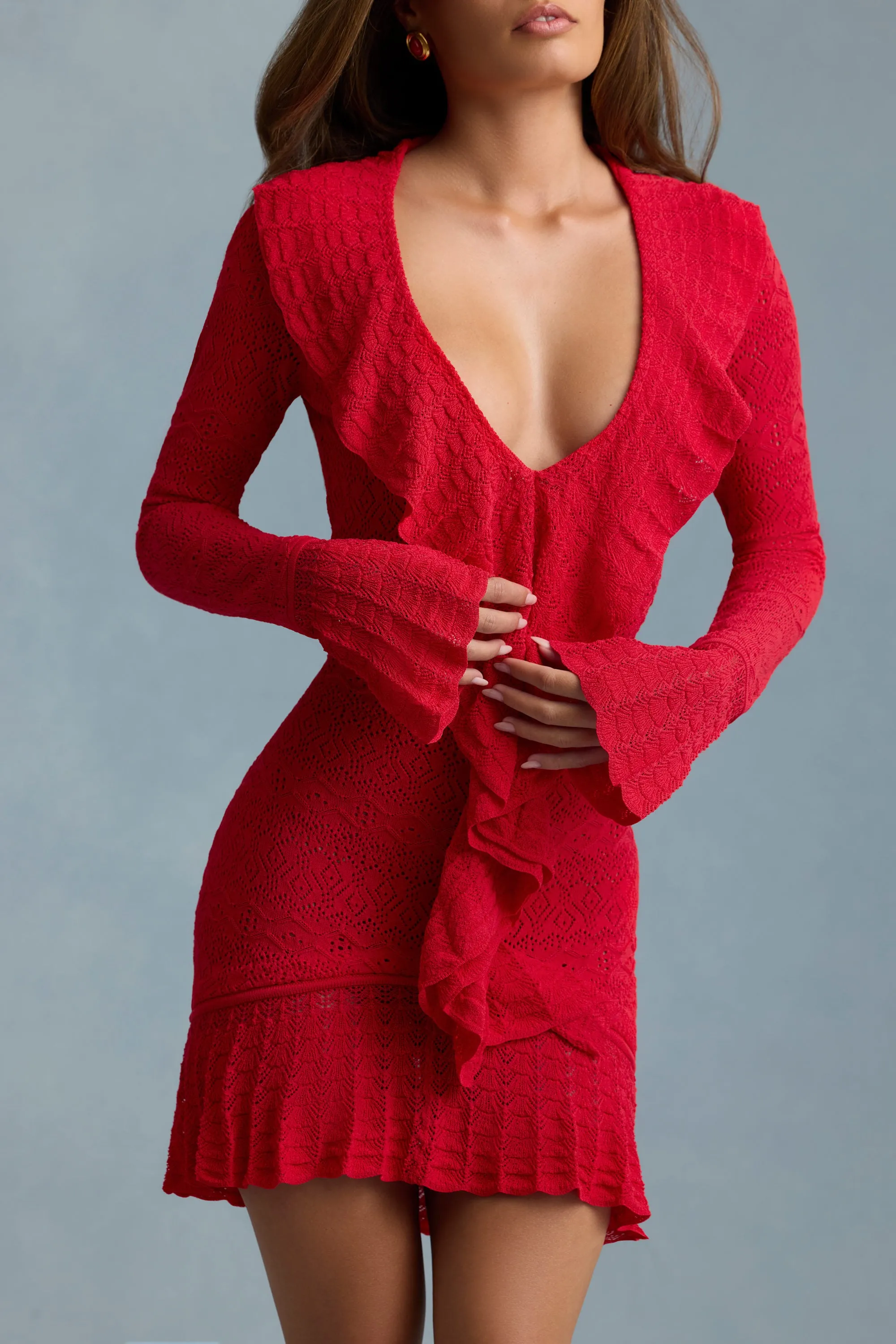 Party Soft Ruffle-Trim Pointelle-Knit Mini Dress in Scarlet Red
