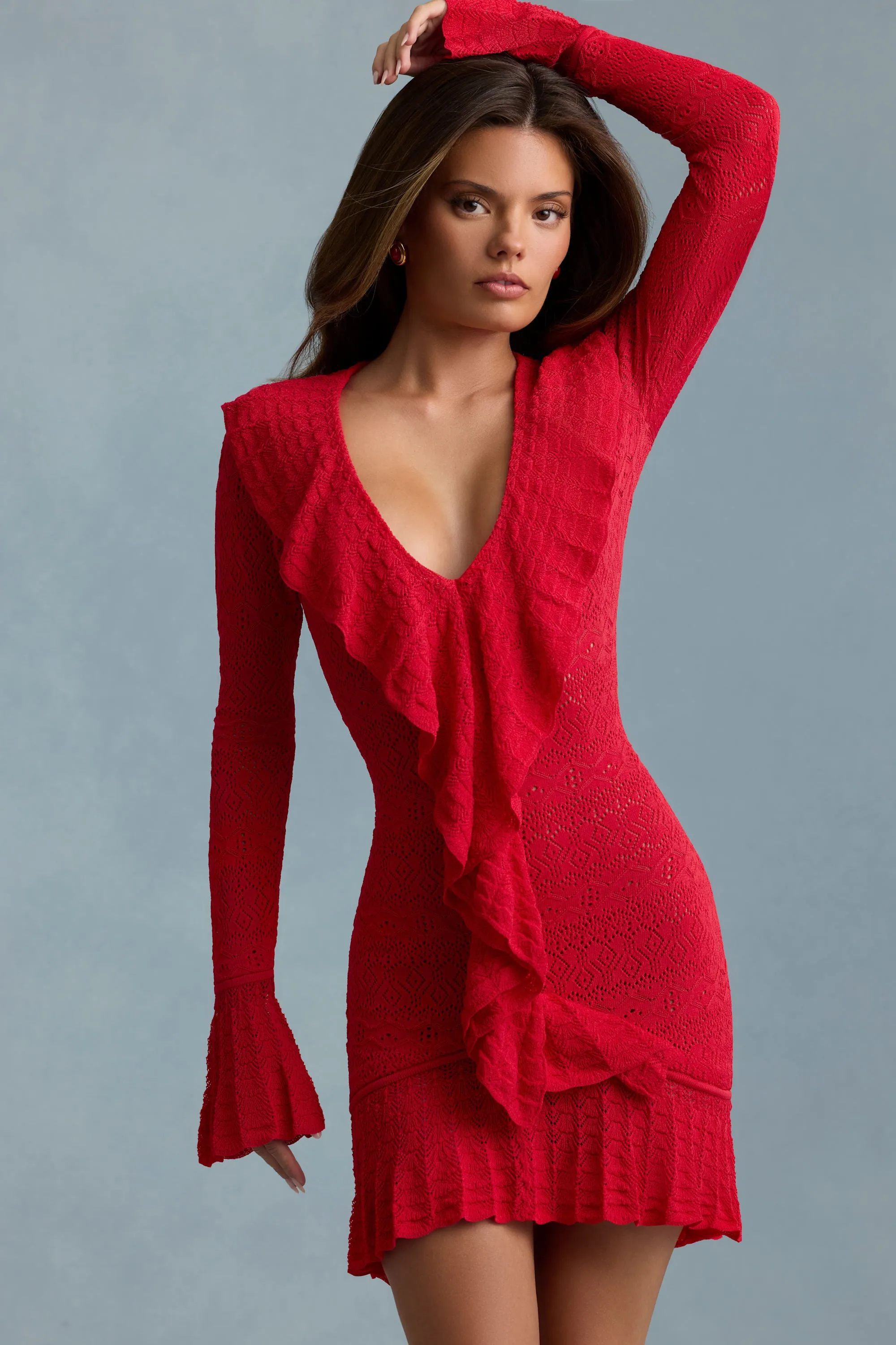 Daytime casual mini Keyhole Neckline Style Ruffle-Trim Pointelle-Knit Mini Dress in Scarlet Red