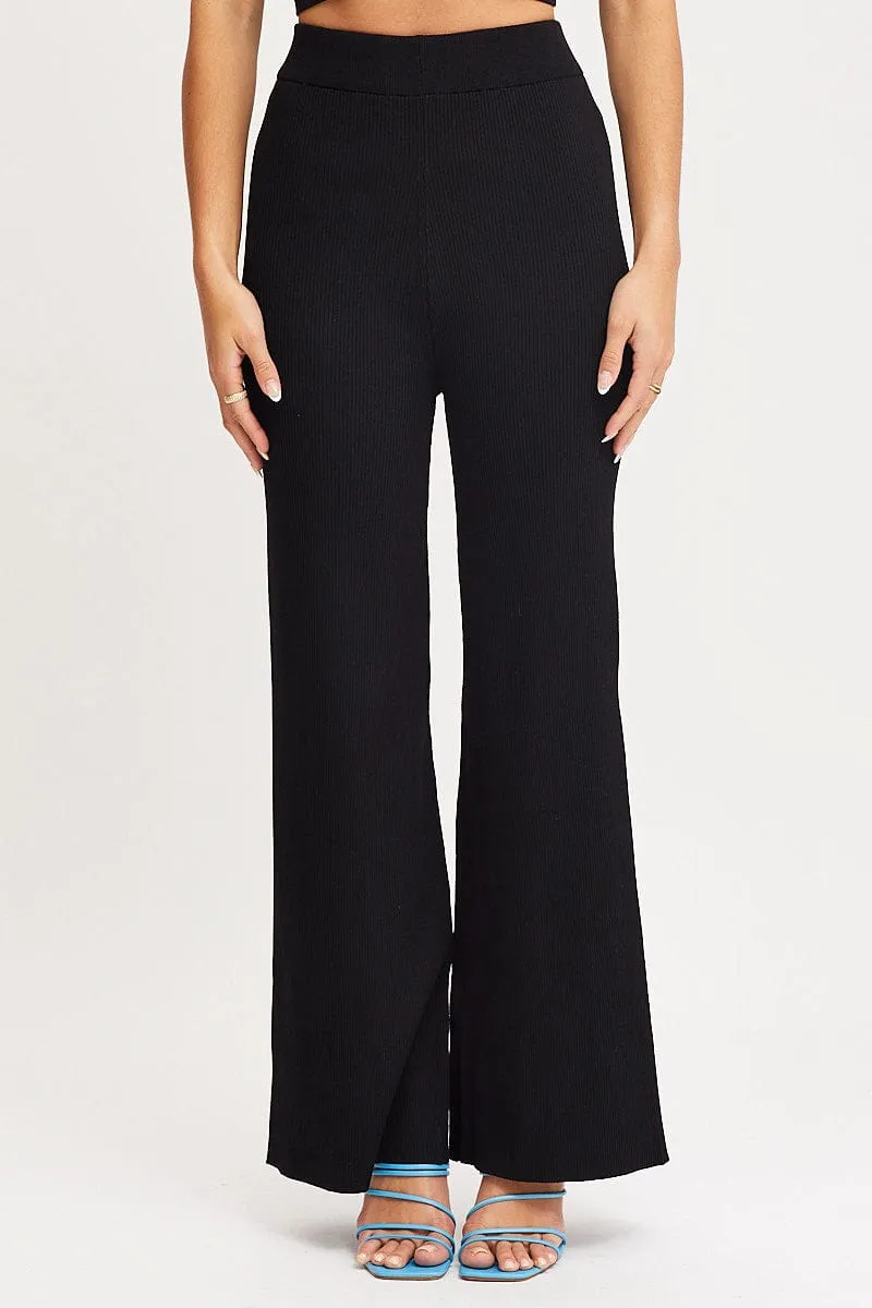 Black Wide Leg Pants High Rise Knit BreathableMaterial