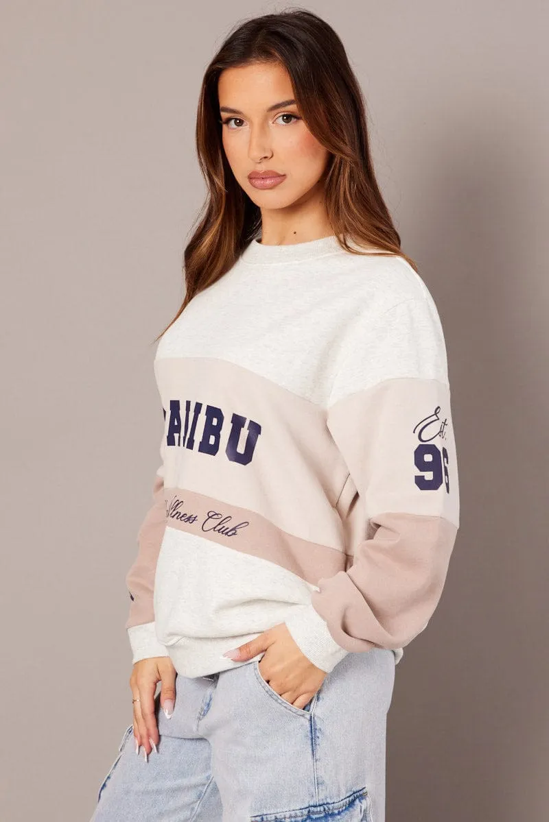 Beige Graphic Sweater Long Sleeve Versatile Apparel Versatile Style