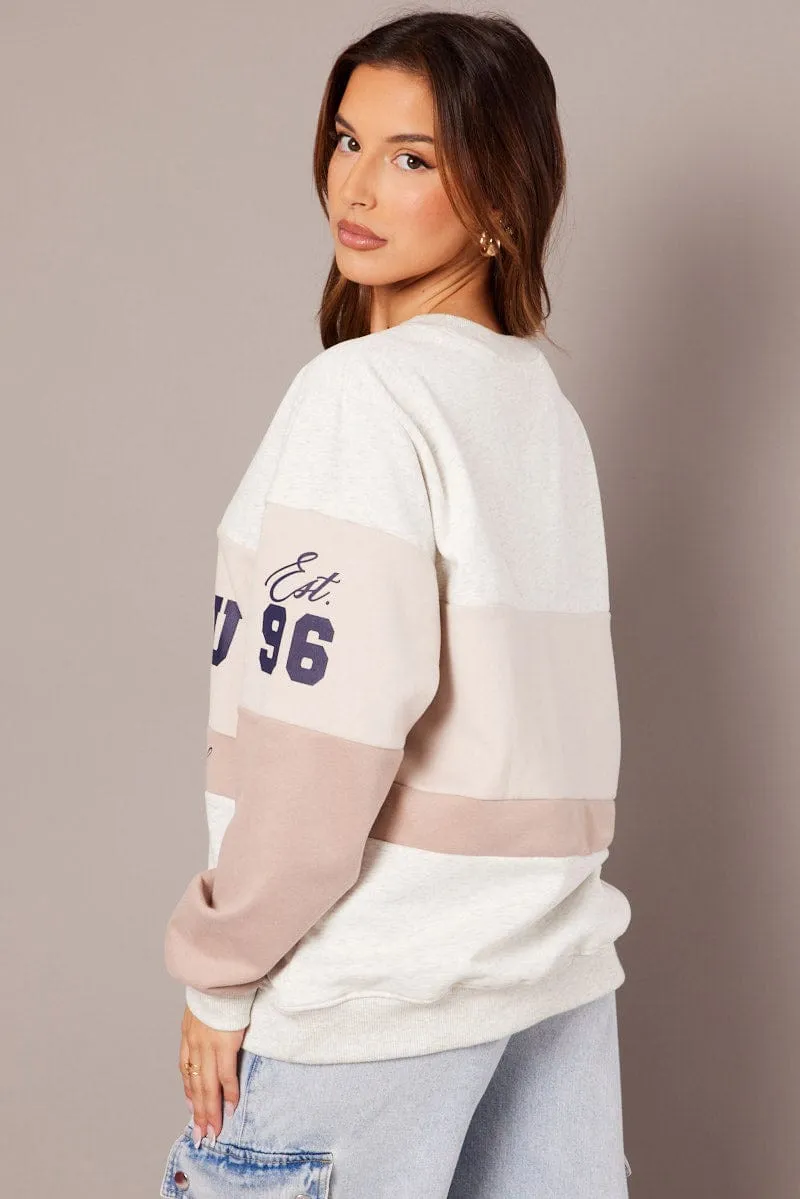Beige Graphic Sweater Long Sleeve Chill Clothing Simple Look