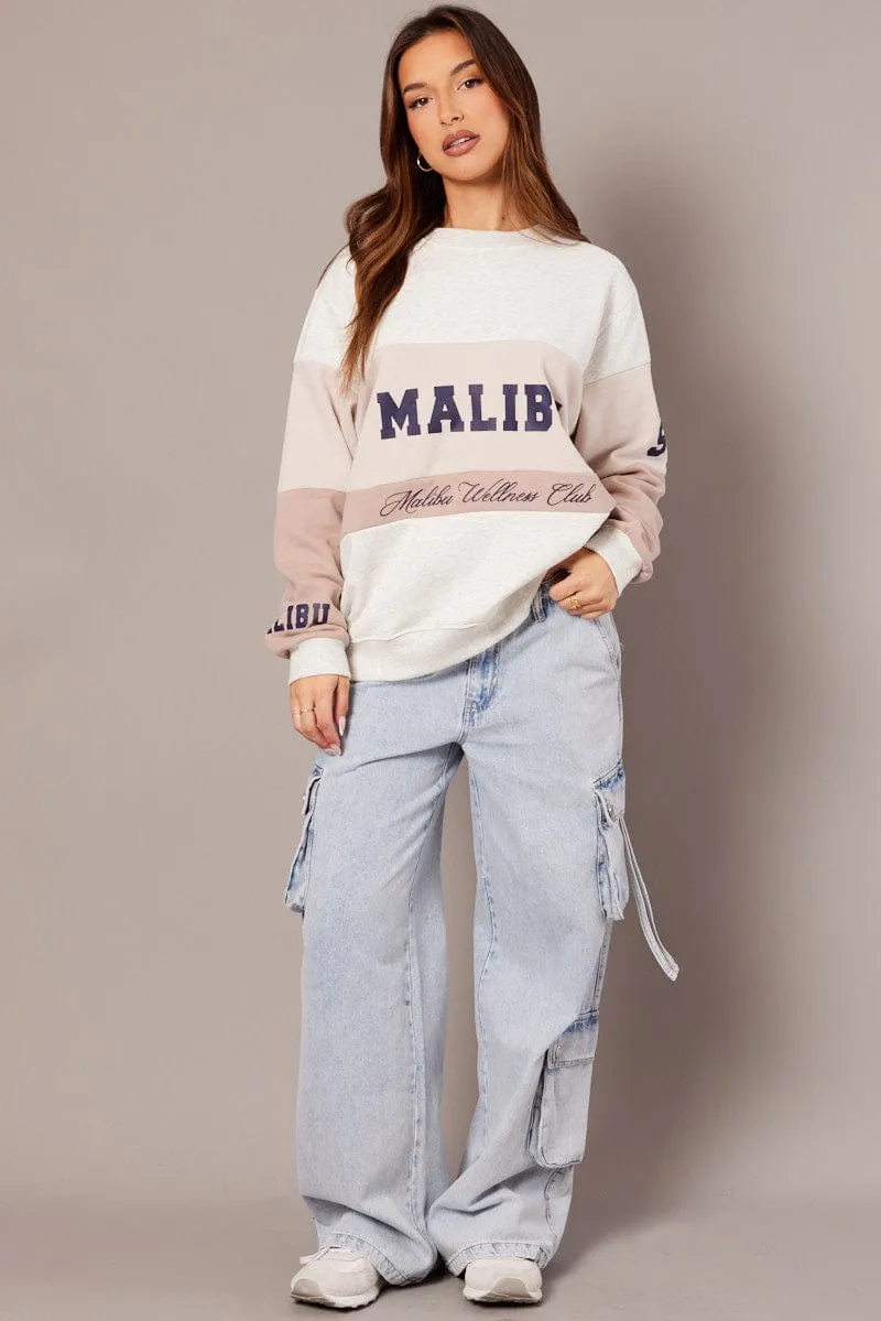 Outdoor Chic Beige Graphic Sweater Long Sleeve
