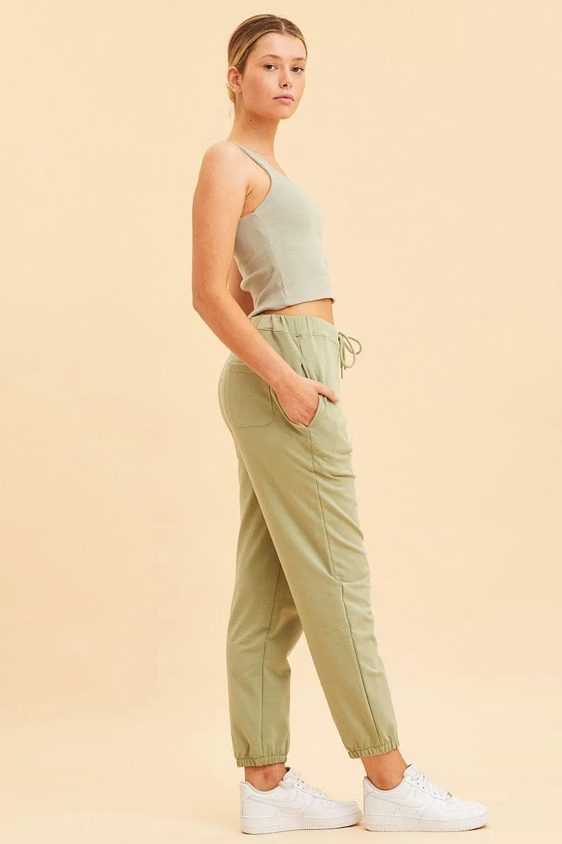 Green Lounge Pant Cotton Terry Stretch Drawstring Waist Modern Fit Breathable Lining