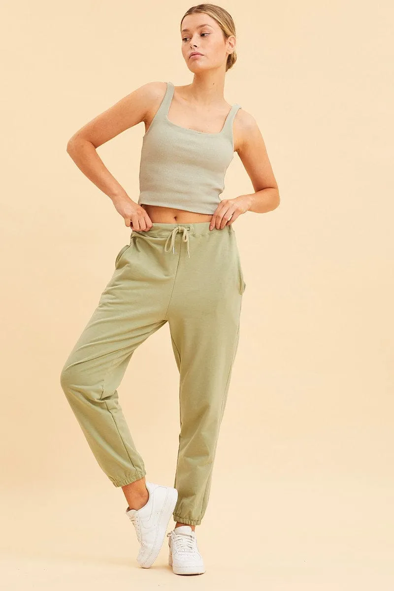 Trendy Vibe Breathable fabric Green Lounge Pant Cotton Terry Stretch Drawstring Waist