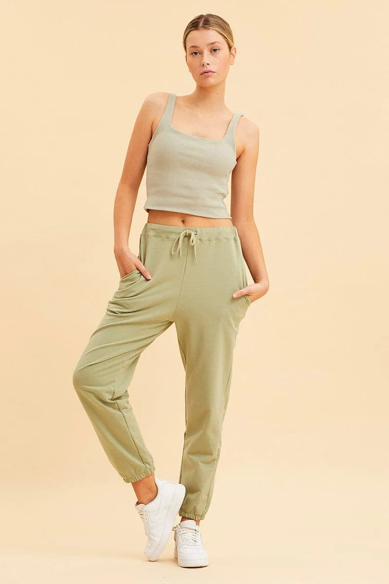 Versatile Design Green Lounge Pant Cotton Terry Stretch Drawstring Waist