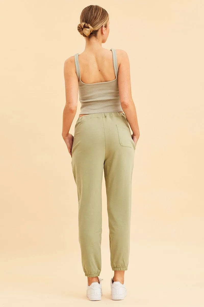 LowProfileStitching Durable Hem Green Lounge Pant Cotton Terry Stretch Drawstring Waist