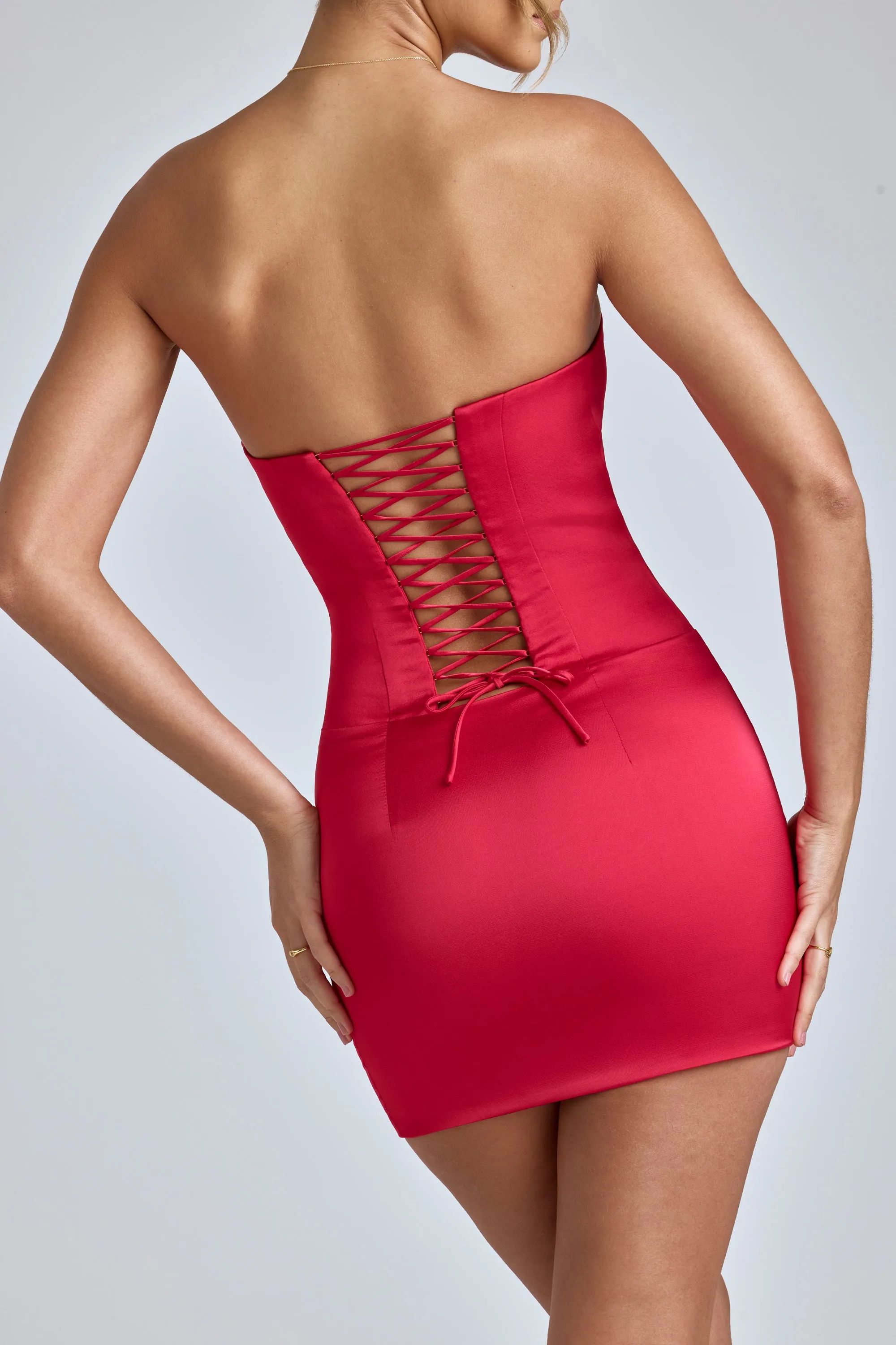 Lace-Up Corset Mini Dress in Cherry Red Flexible Waistband
