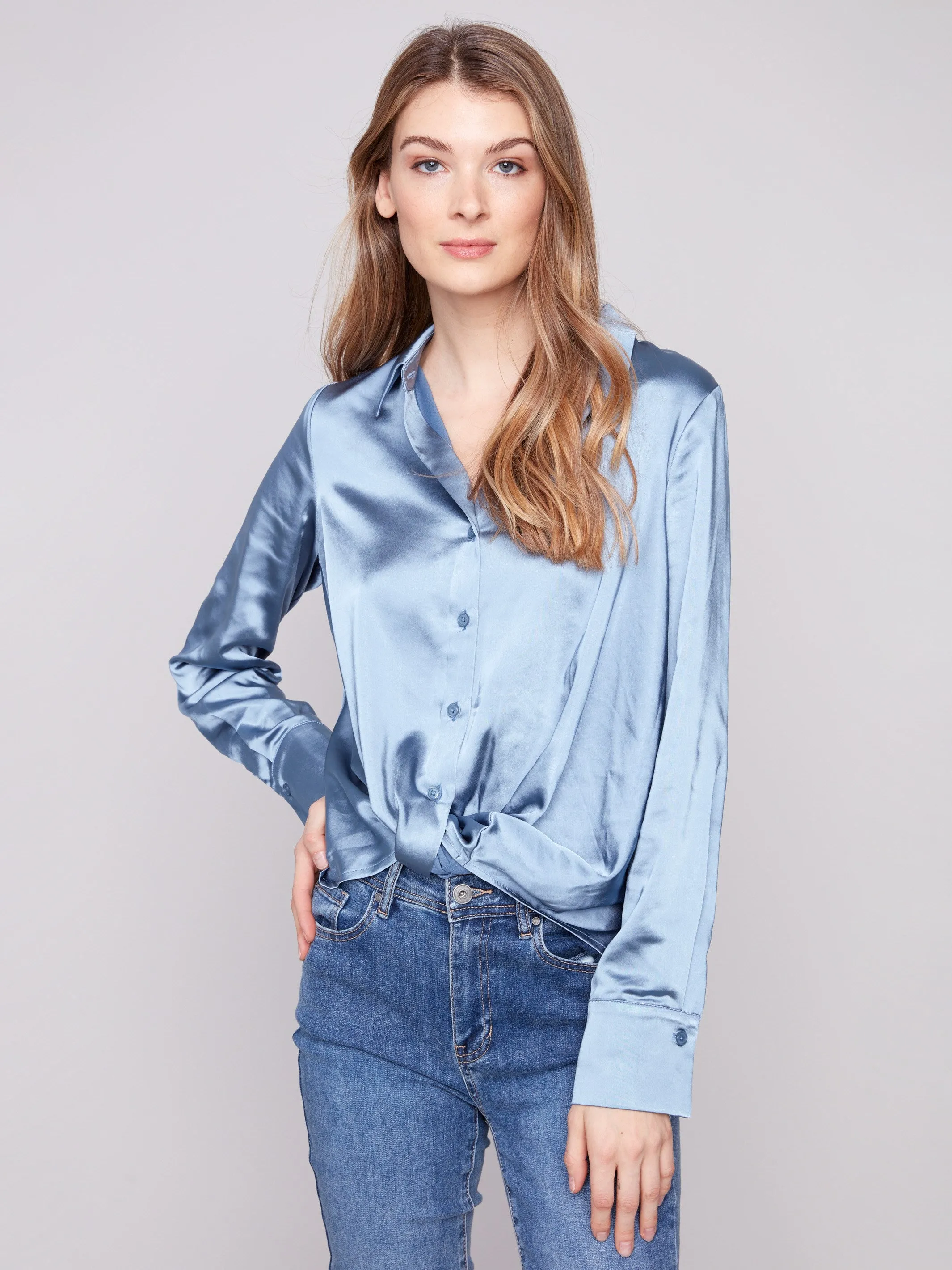 Trendy Cut Satin Button-Down Shirt With Twisted Front - Oxford