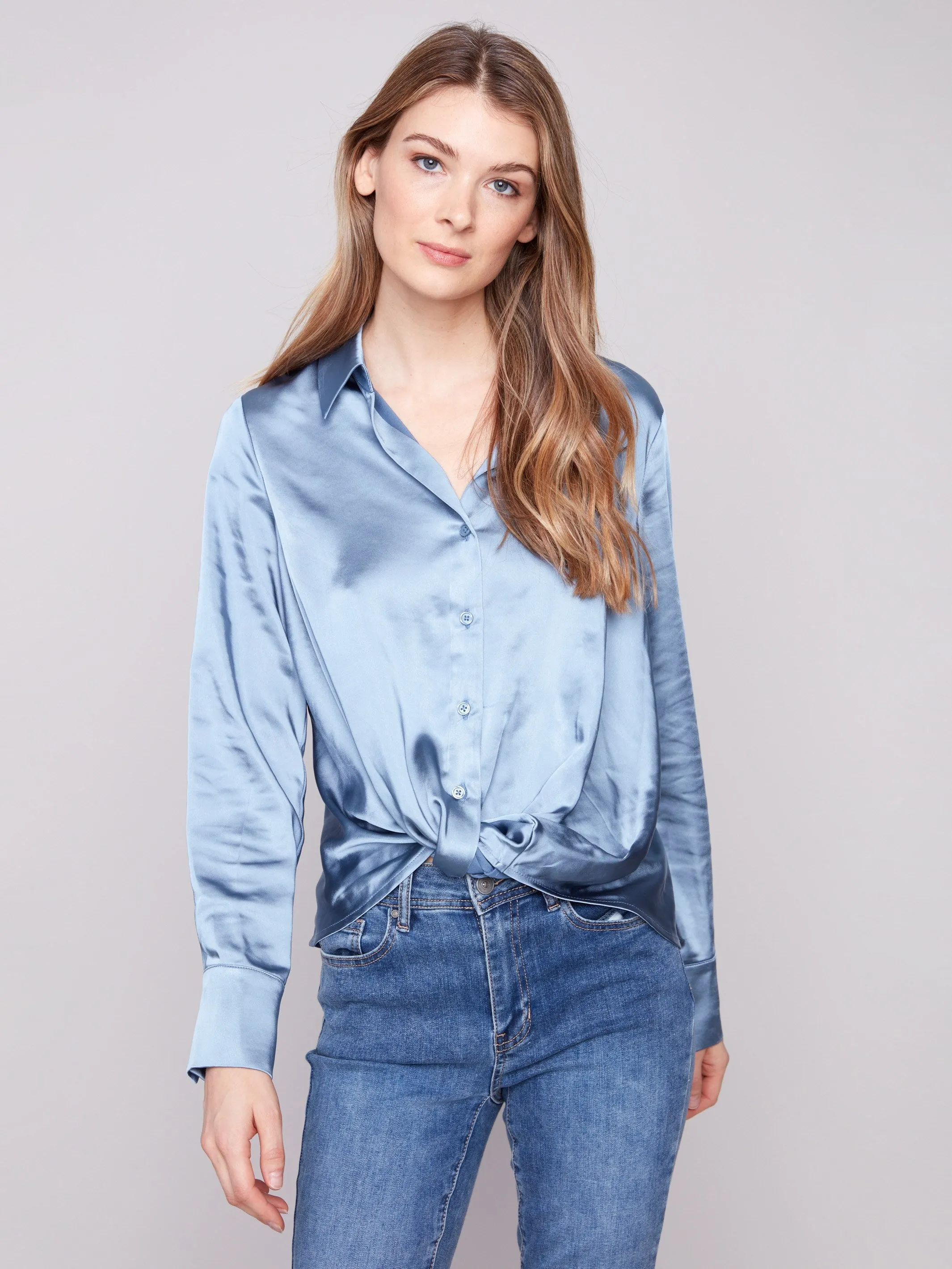 Beach Fit Magnetic Closure Satin Button-Down Shirt With Twisted Front - Oxford