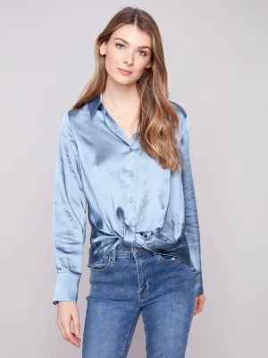 Beach Fit Magnetic Closure Satin Button-Down Shirt With Twisted Front - Oxford