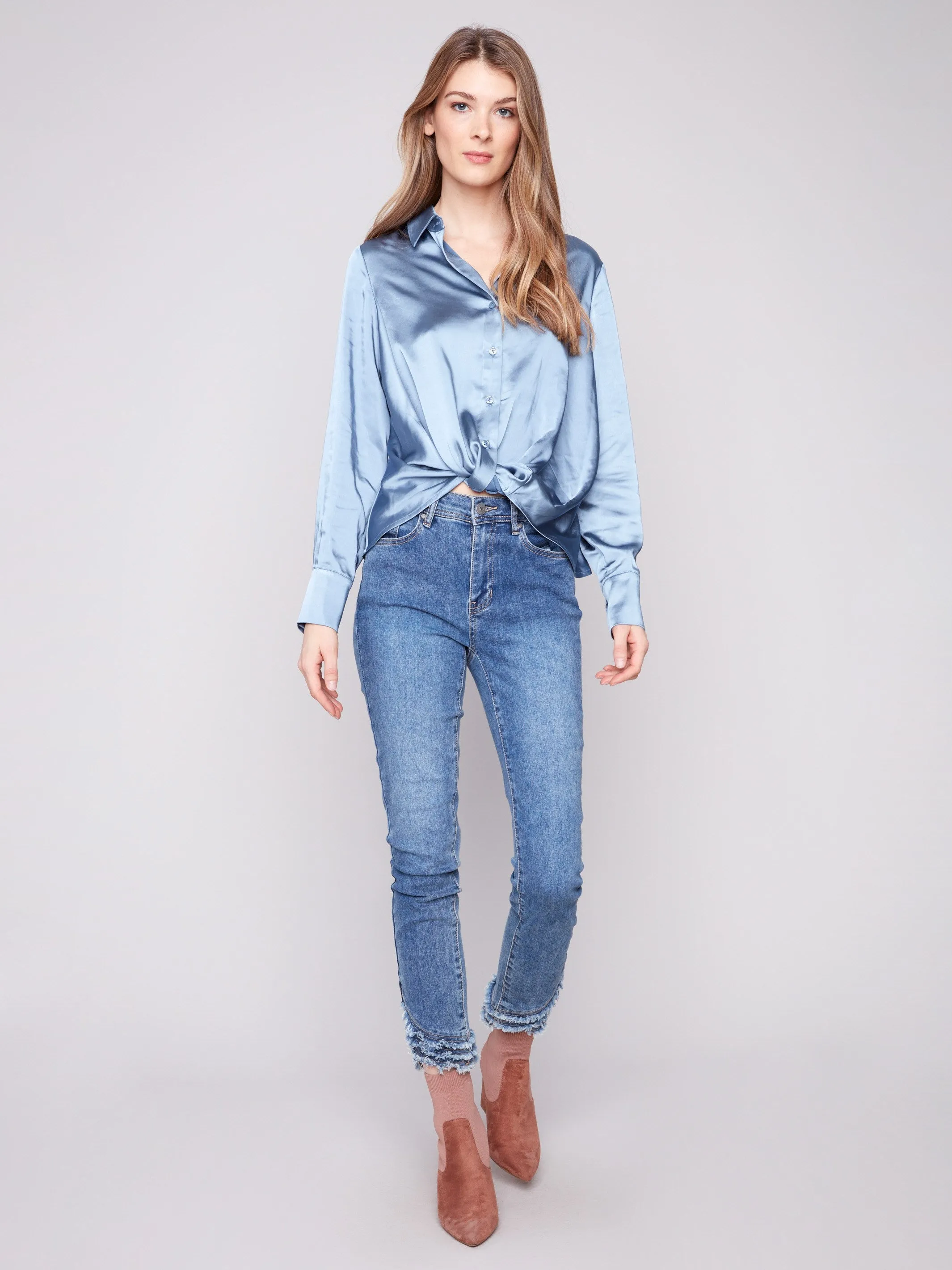 StaticFree Material Relaxed Wear Satin Button-Down Shirt With Twisted Front - Oxford