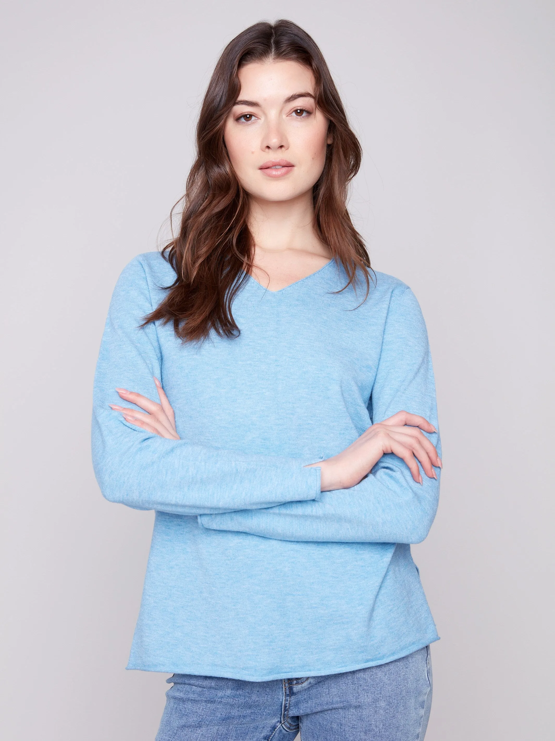 Basic V-Neck Sweater - Heather Oxford Chilly Weather Wear