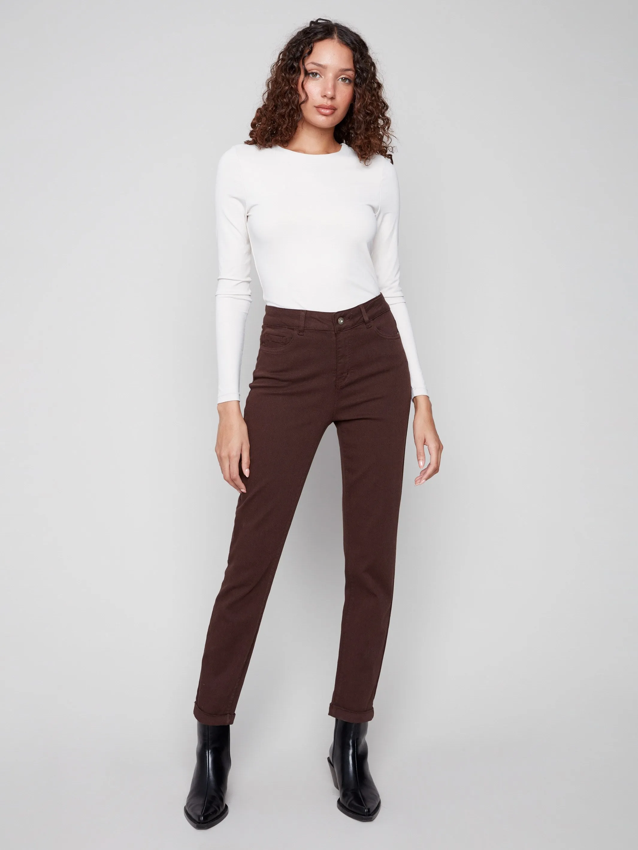 Student Outfit Earthy Cuffed Hem Twill Jeans - Mocha