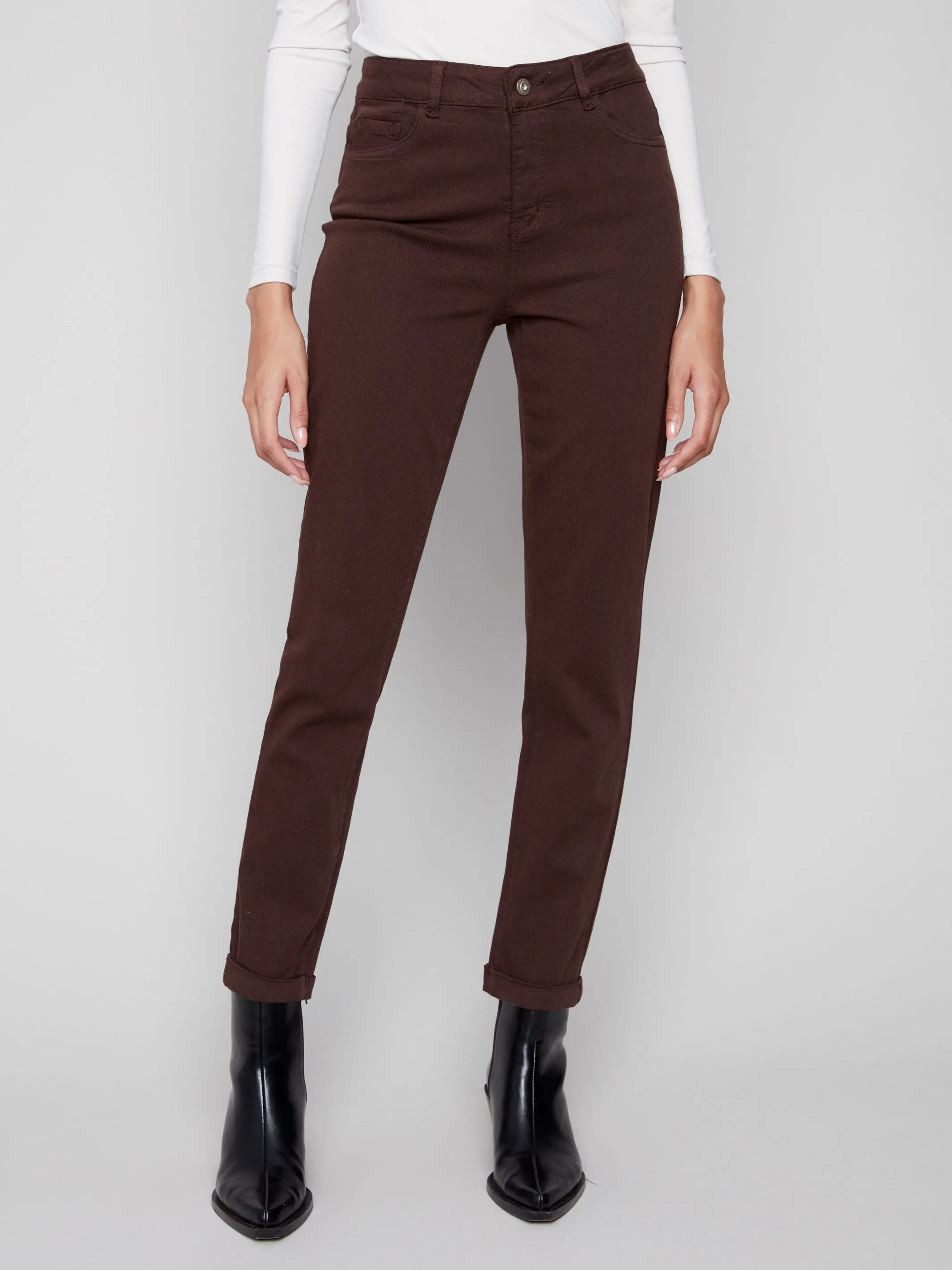 Sunny Vibes Casual Smart Casual Classic Wear Cuffed Hem Twill Jeans - Mocha