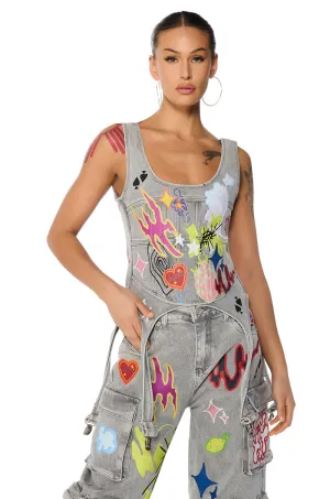 GRAFFITI DETAIL DENIM CORSET TOP off - road