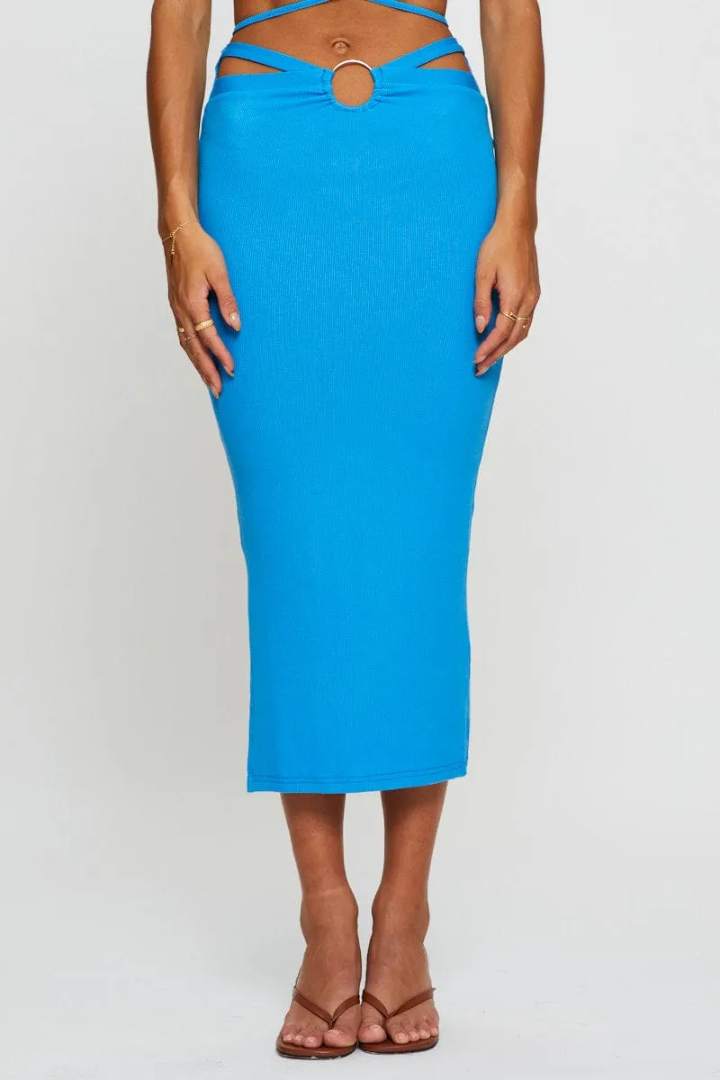 Contemporary Mood Fresh Style Blue Maxi Skirt Side Split