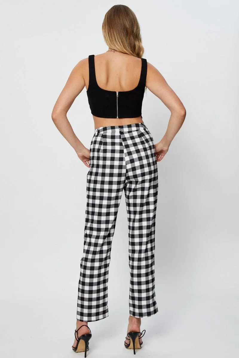 Flattering Cut Durable Construction Check Slim Pants High Rise