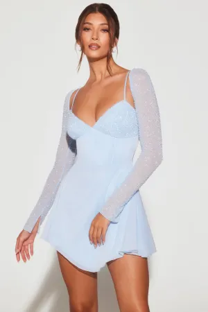 Versatile mini for casual wear Scene Hot Embellished Long Sleeve Angled Hem Mini Dress in Blue