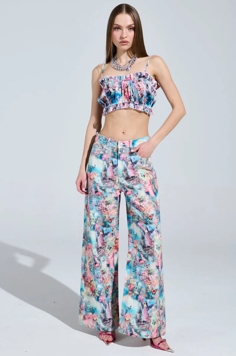 local market Ventilated Back Panels FEMALE FANTASY PRINTED SATIN RUCHED TOP
