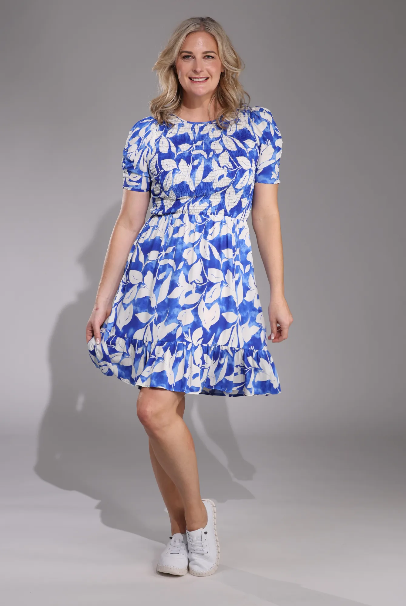 Smart Skirt AdjustableWaist Shirred bodice lite weight Dress | Royal White Leaf | 3356C1