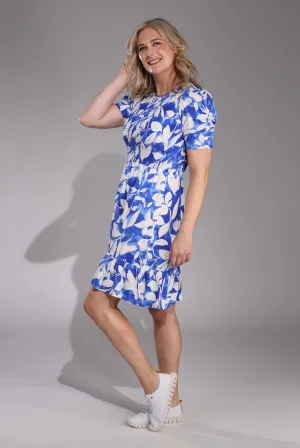 Shirred bodice lite weight Dress | Royal White Leaf | 3356C1 MachineWashable Zen Ease