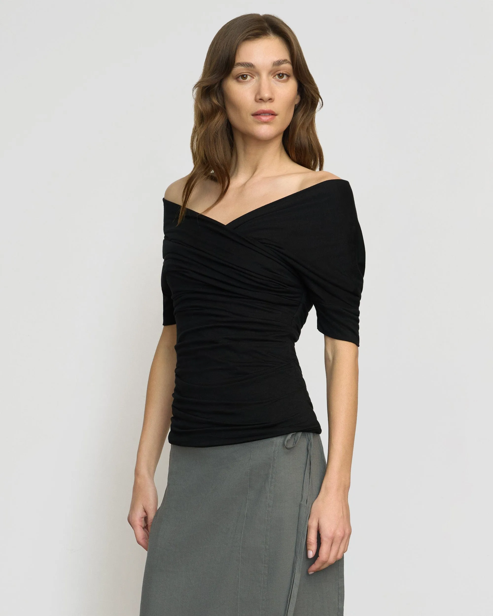 Side Vent Design Thalia Ruched Off-Shoulder Tee