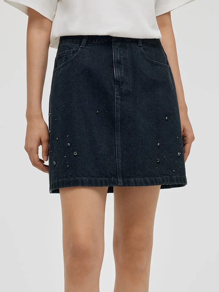 Denim Rhinestone Women Skirt Fresh Style Summer Outfit