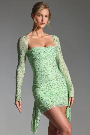 Embellished Draped Cowl-Neck Mini Dress in Pistachio Youthful Look Scene Sharp
