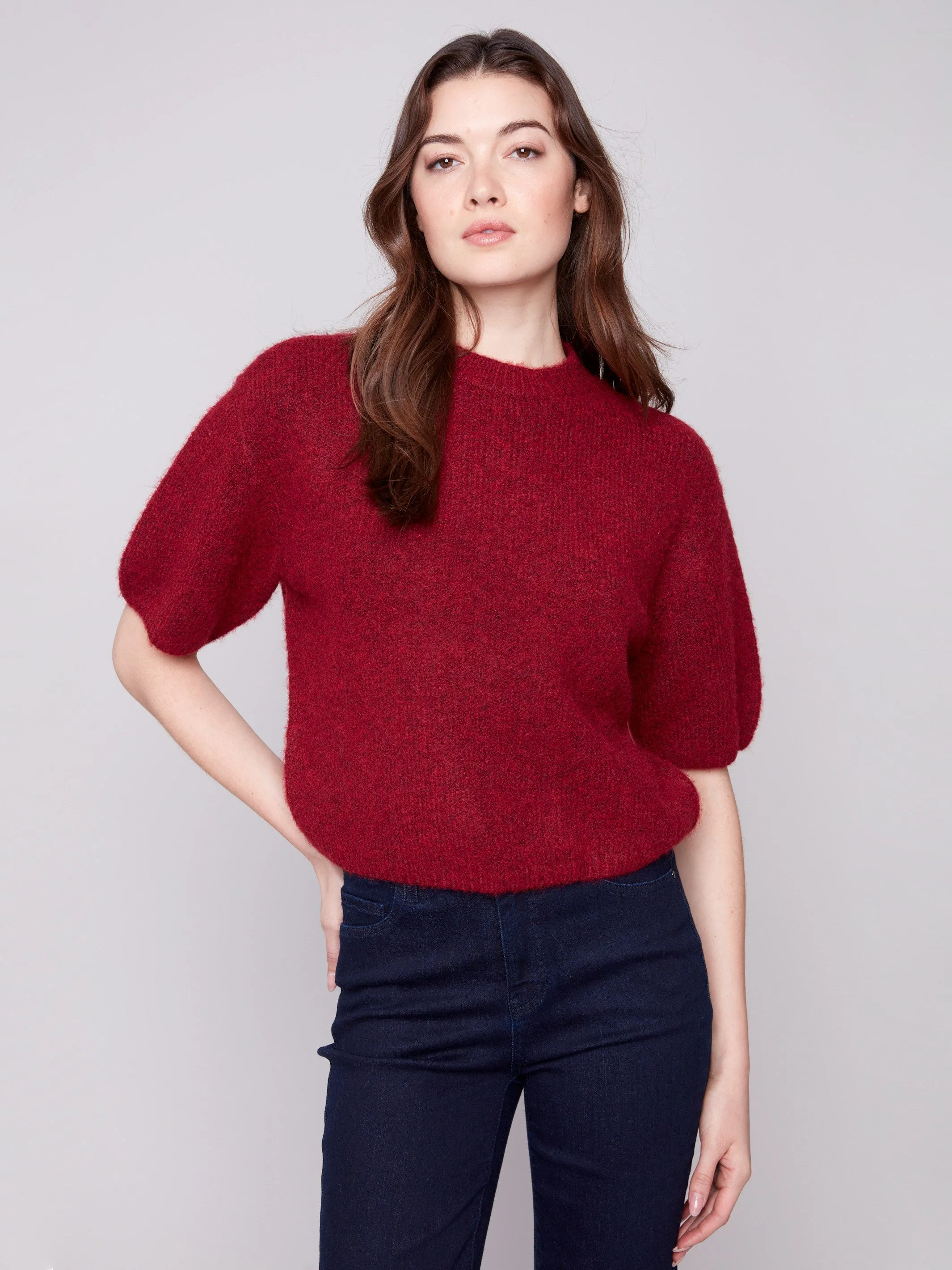 Modern Comfort High Twist Yarn Structure Balloon Elbow Sleeve Knit Sweater - Cabernet