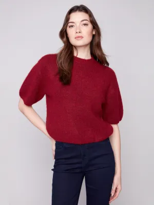 Modern Comfort High Twist Yarn Structure Balloon Elbow Sleeve Knit Sweater - Cabernet