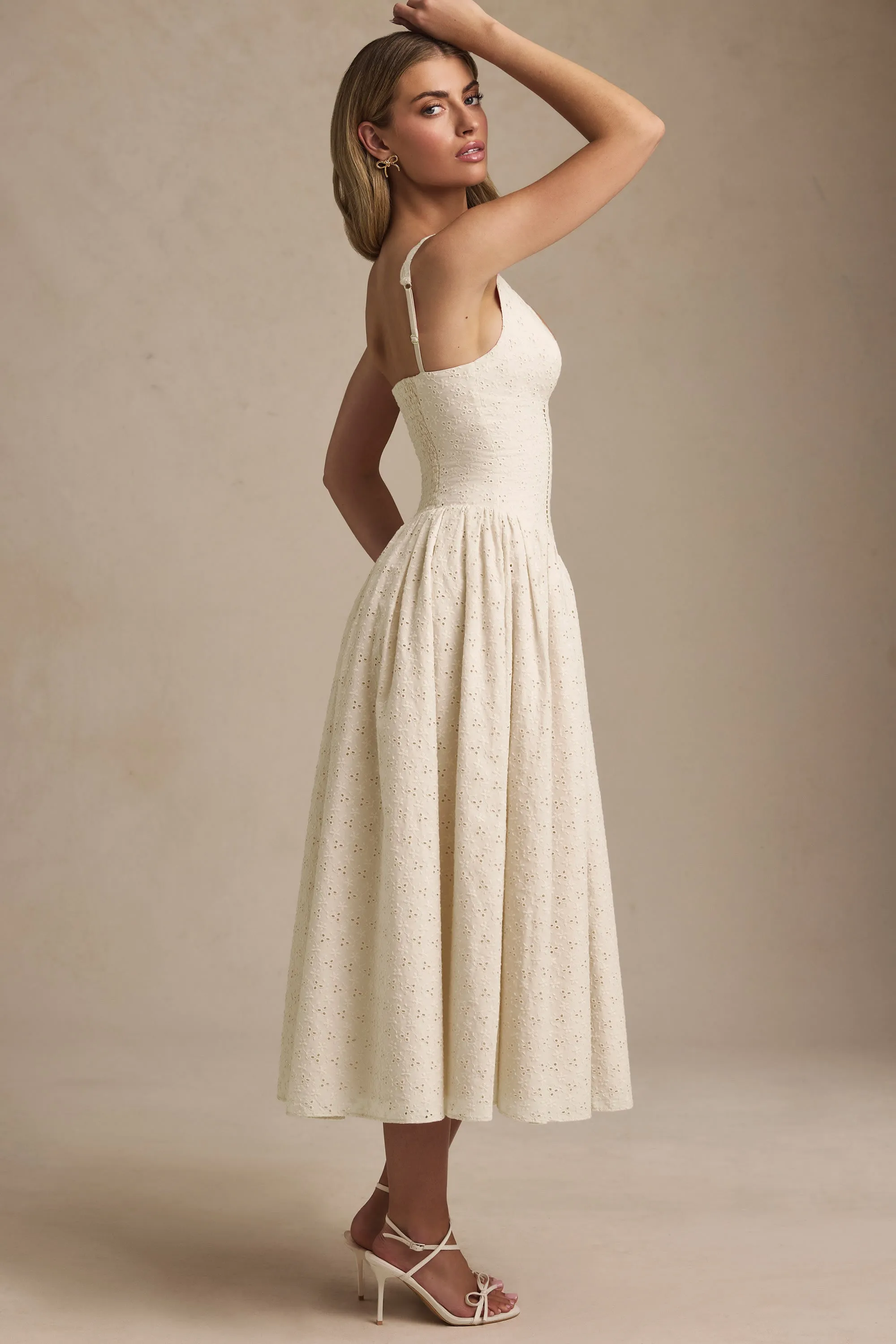 Sporty Dress Broderie Anglaise Bow-Detail A-Line Midaxi Dress in Ivory