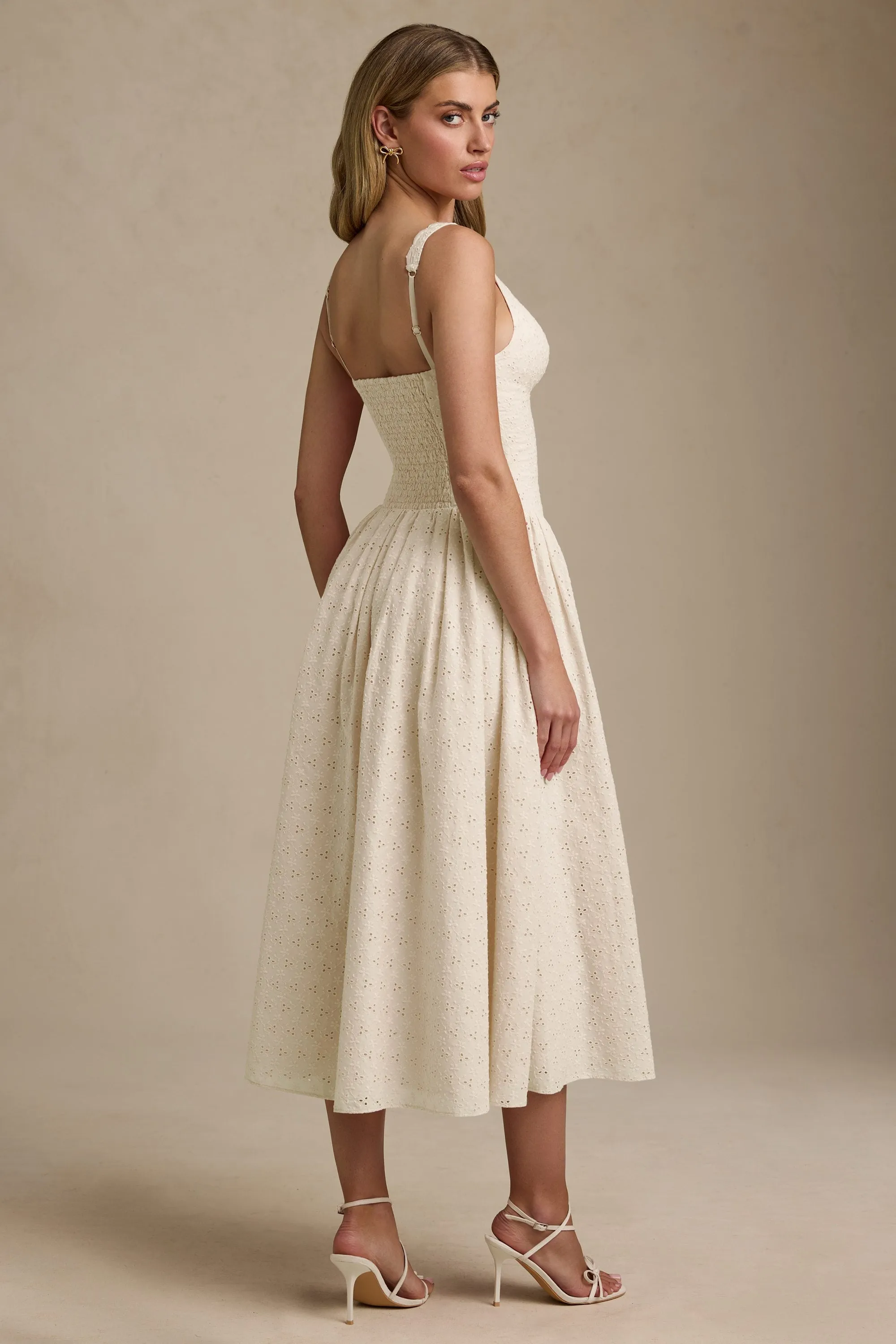 Broderie Anglaise Bow-Detail A-Line Midaxi Dress in Ivory Bold Fashion Warm Pullover